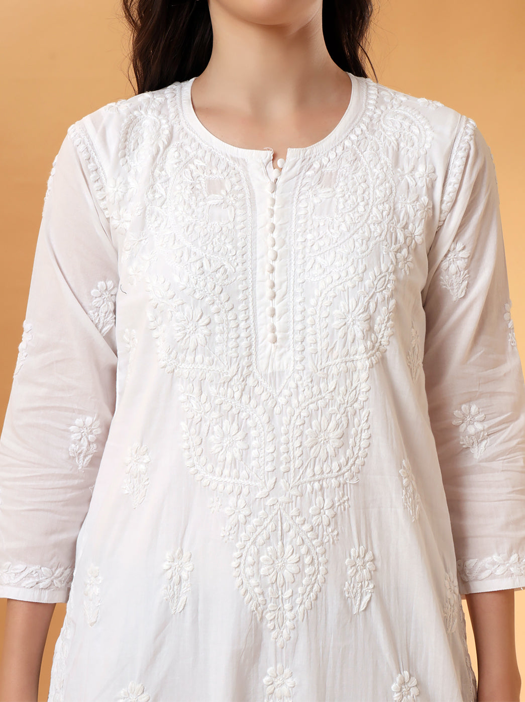 White Barkha Cotton Chikankari Straight Kurti