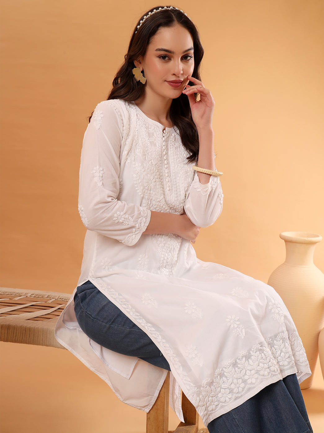 White Barkha Cotton Chikankari Straight Kurti
