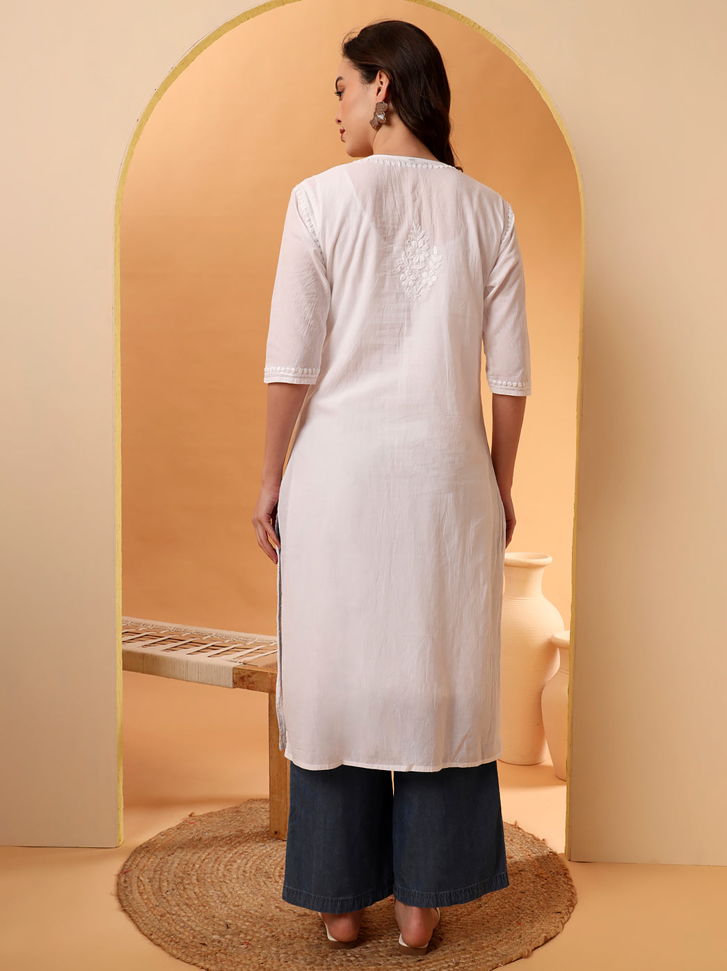 White Barkha Cotton Chikankari Straight Kurti