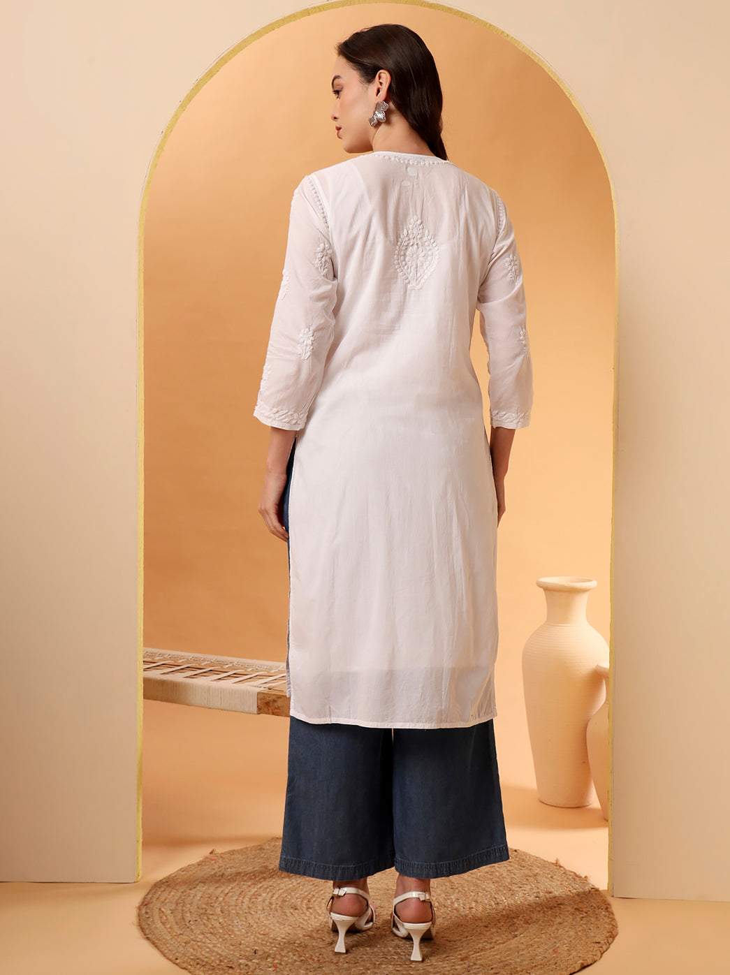 White Barkha Cotton Chikankari Straight Kurti