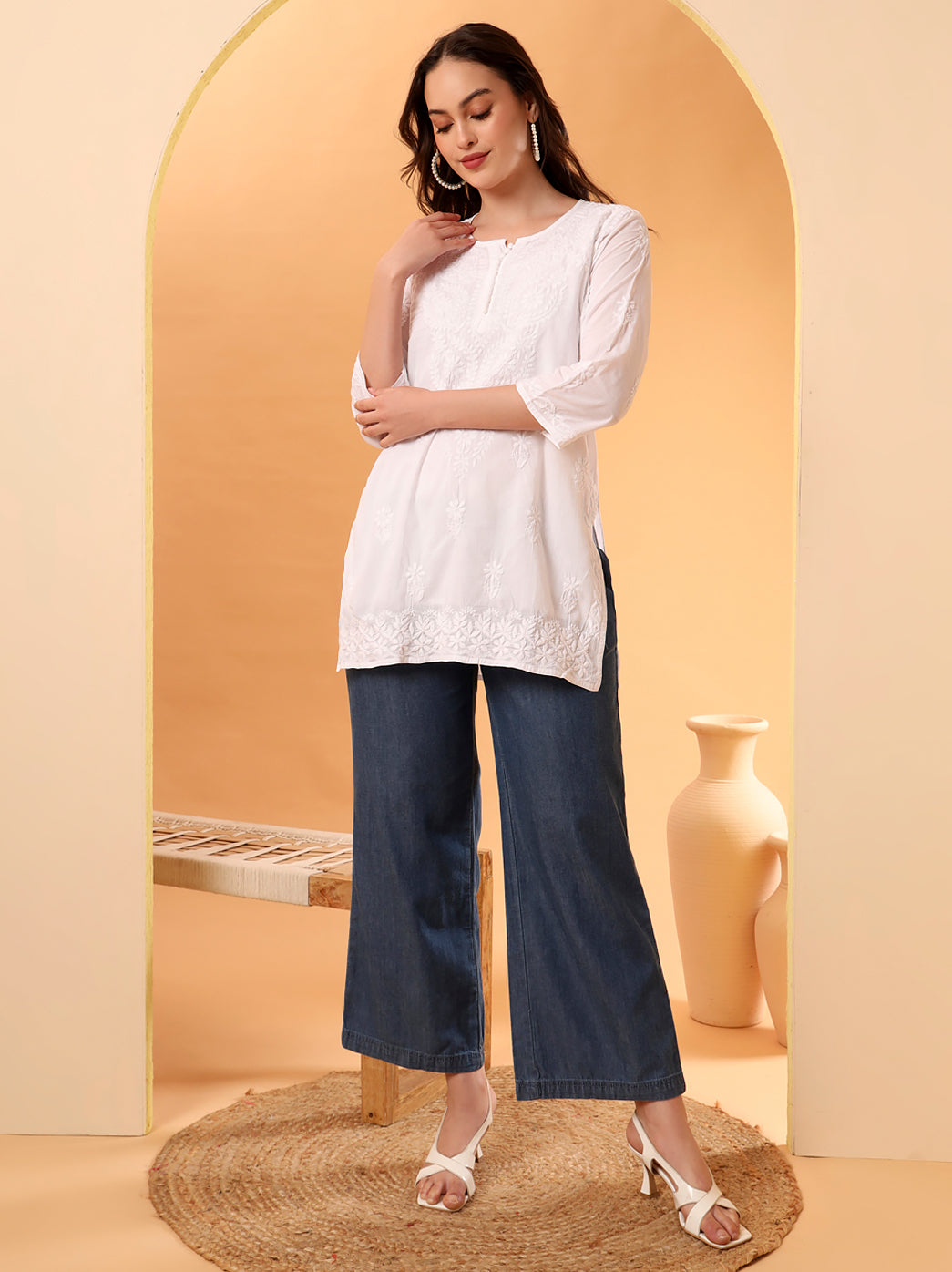 White Ira Cotton Chikankari Short Kurta