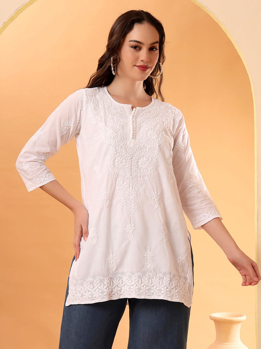 White Ira Cotton Chikankari Short Kurta
