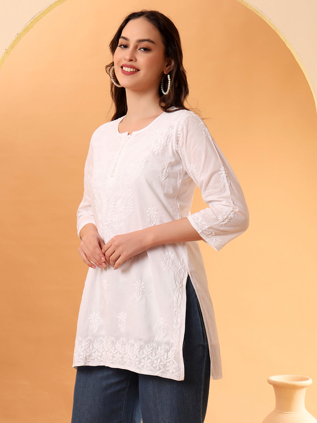 White Ira Cotton Chikankari Short Kurta