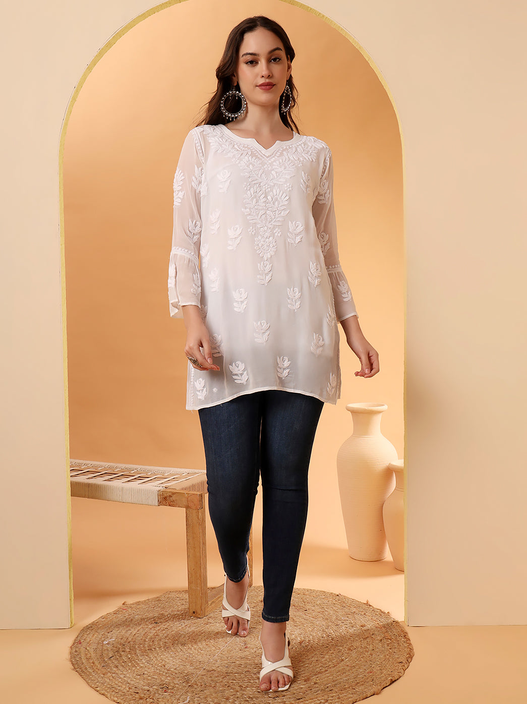 White Mushq Viscose Chikankari Short Kurta