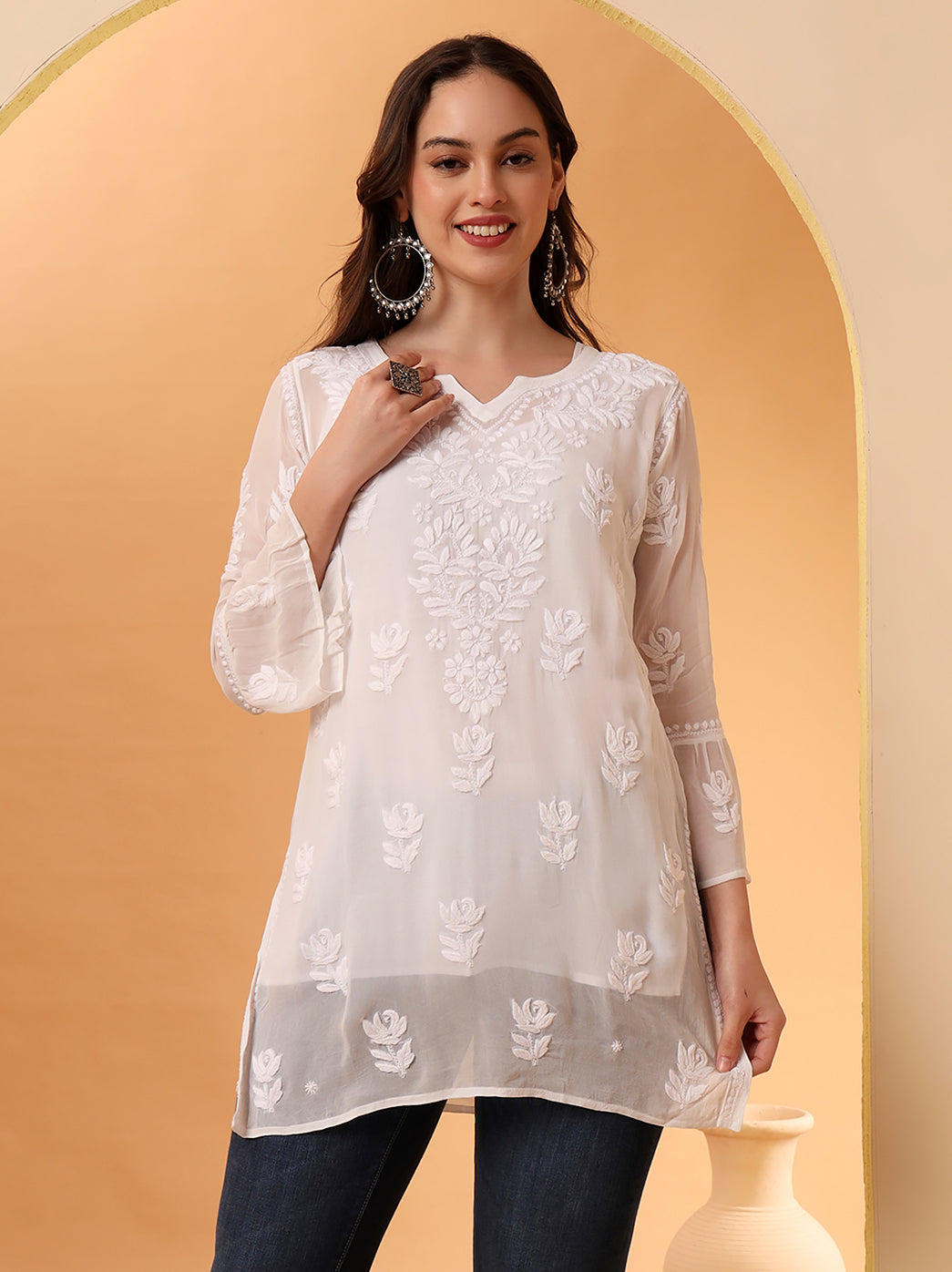 White Mushq Viscose Chikankari Short Kurta