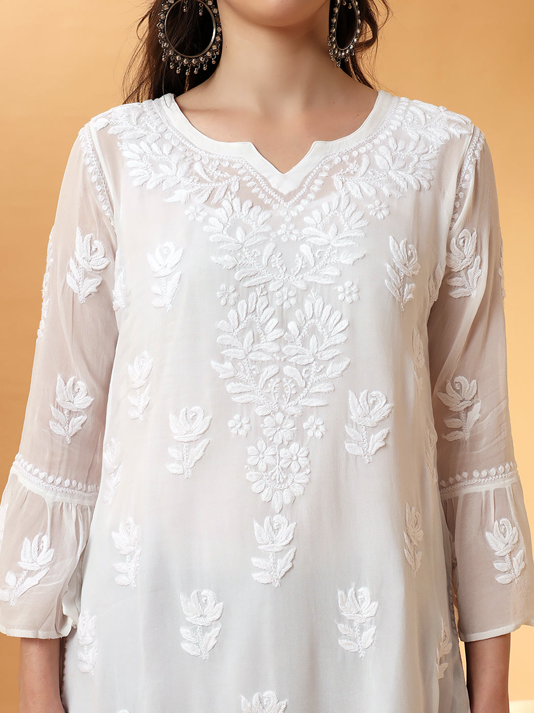 White Mushq Viscose Chikankari Short Kurta