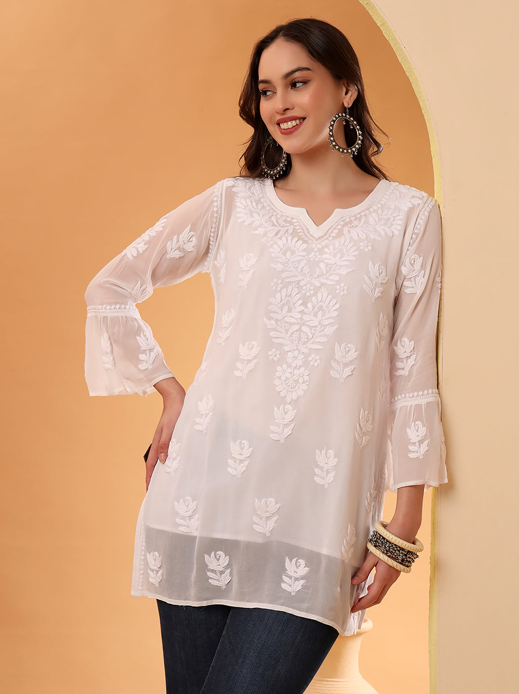 White Mushq Viscose Chikankari Short Kurta