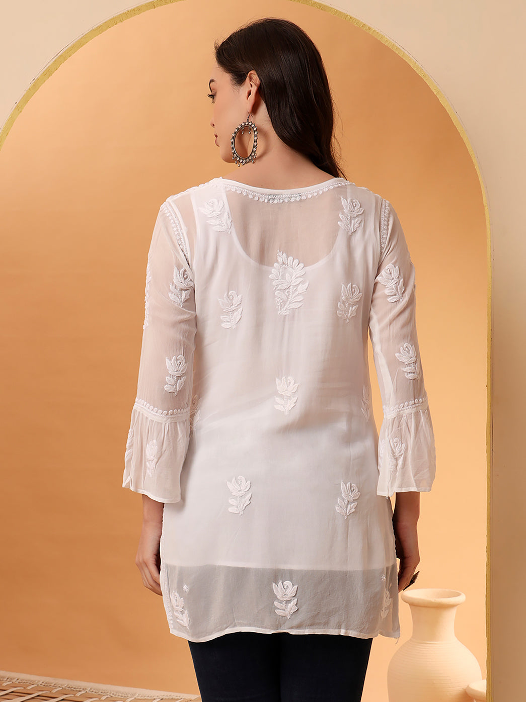 White Mushq Viscose Chikankari Short Kurta