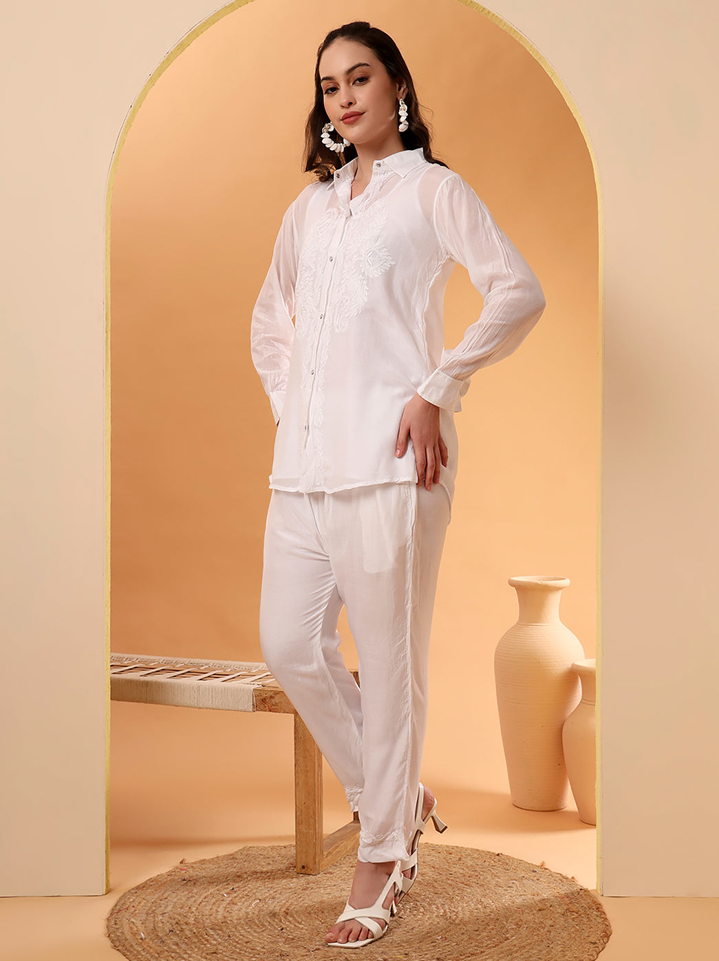White Riha Muslin Chikankari Co-ord Set