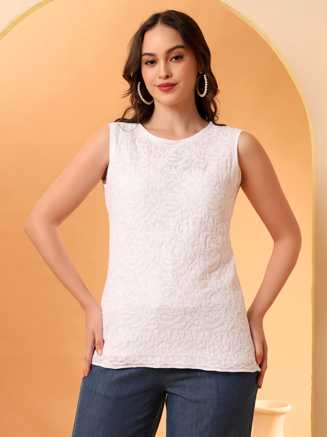 White Samiya Mulmul Chikankari Sleeveless Top