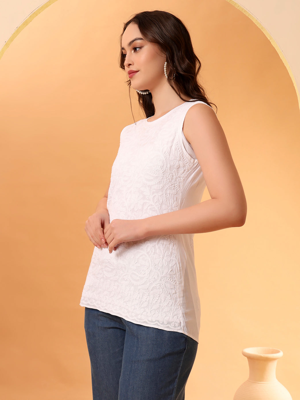 White Samiya Mulmul Chikankari Sleeveless Top