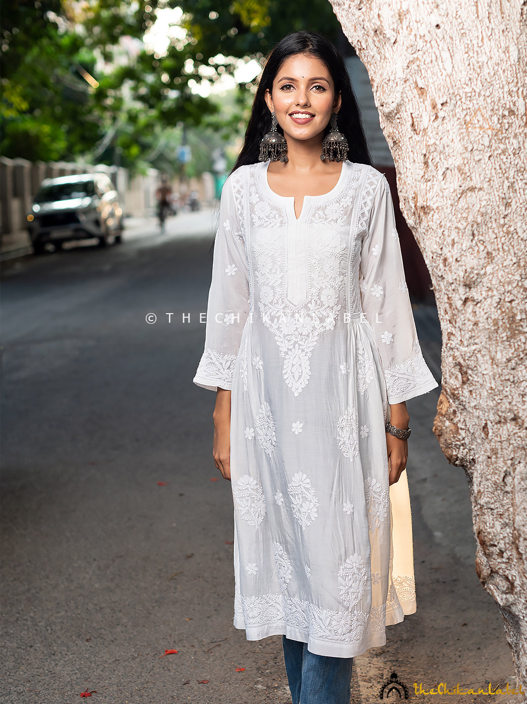 White Muslin Chikankari A-Line Kurti