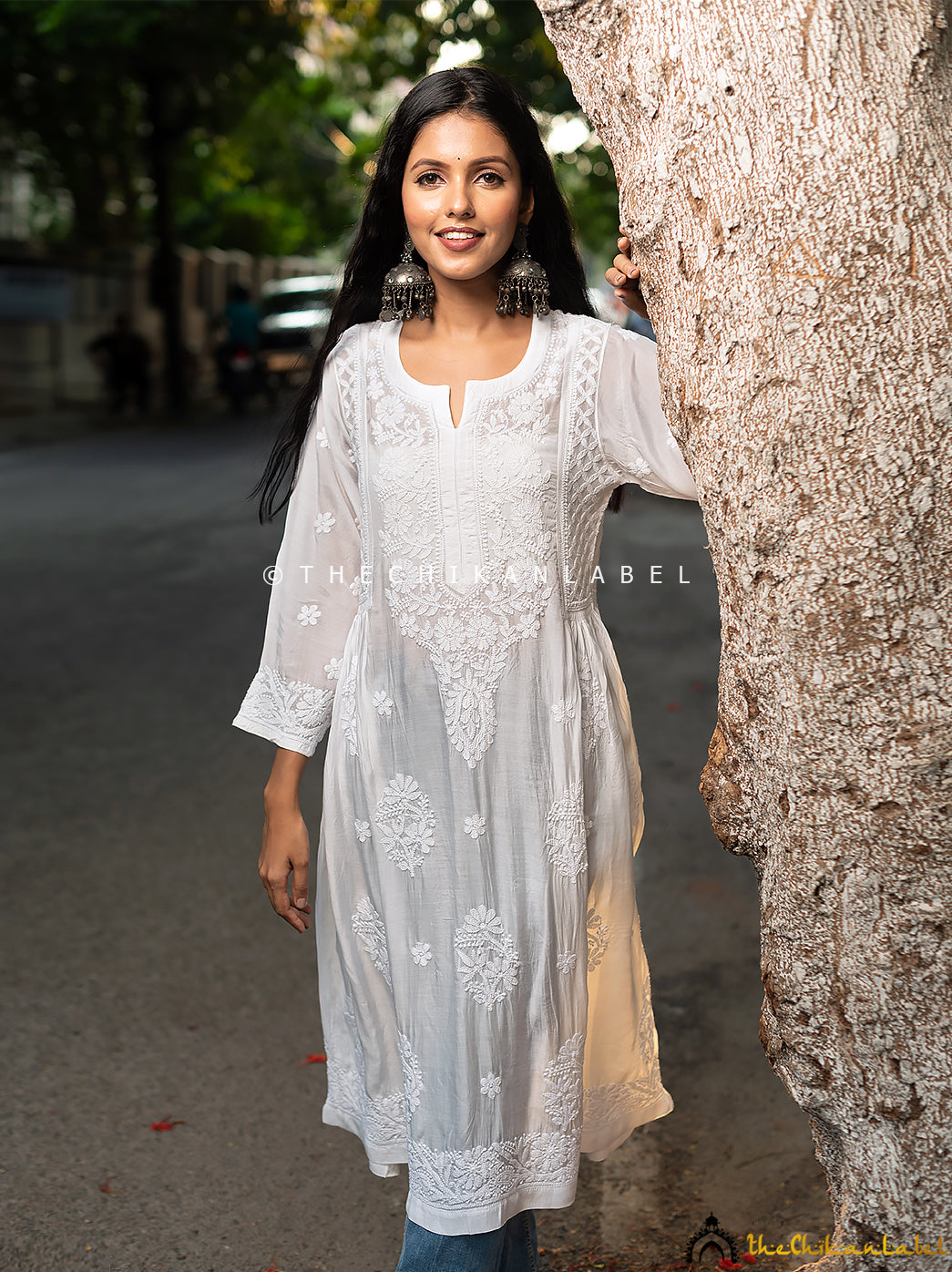 White Muslin Chikankari A-Line Kurti