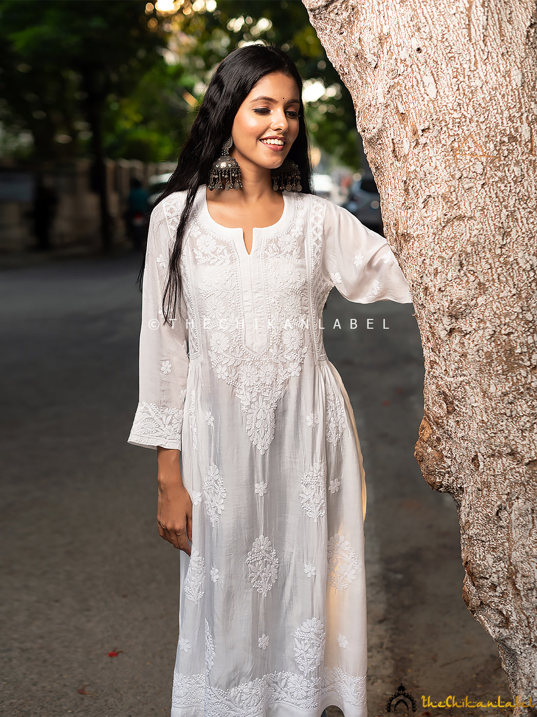 White Muslin Chikankari A-Line Kurti