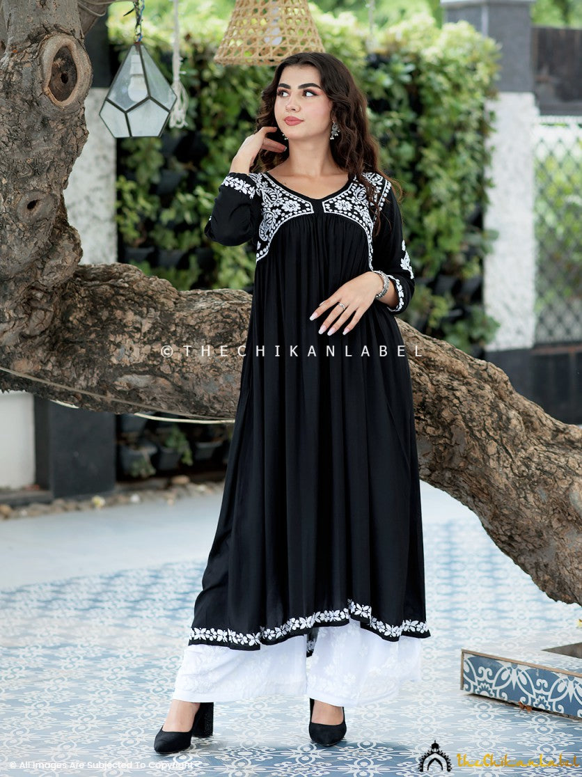 Alia Modal Chikankari Anarkali White On Black