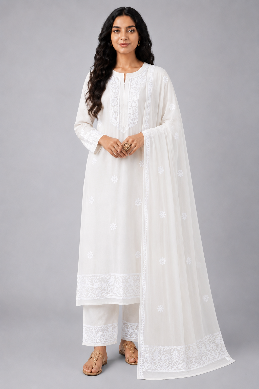 White Viscose Chikankari Dupatta