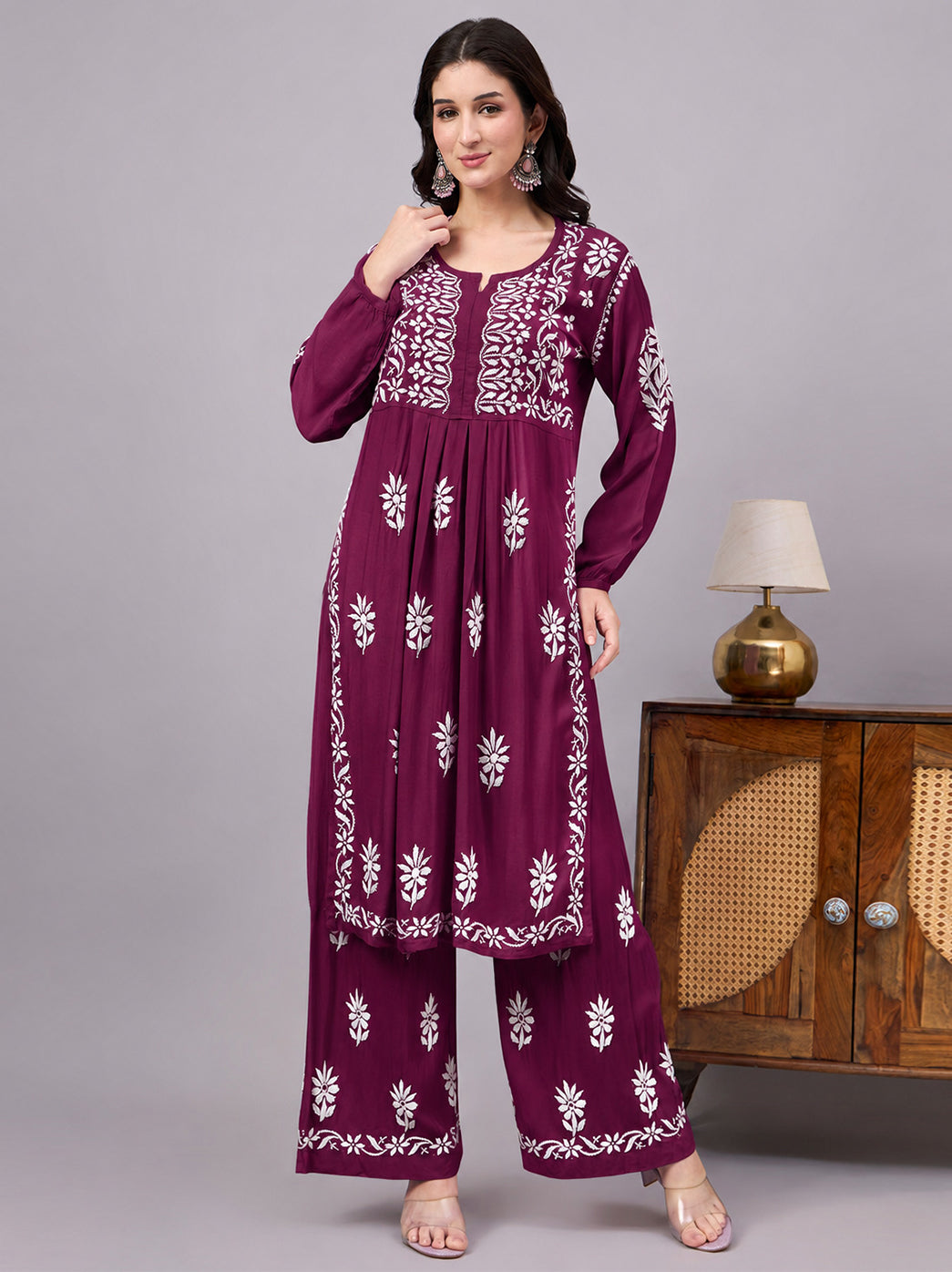Mira Rayon Chikankari Kurti Palazzo Set - Wine