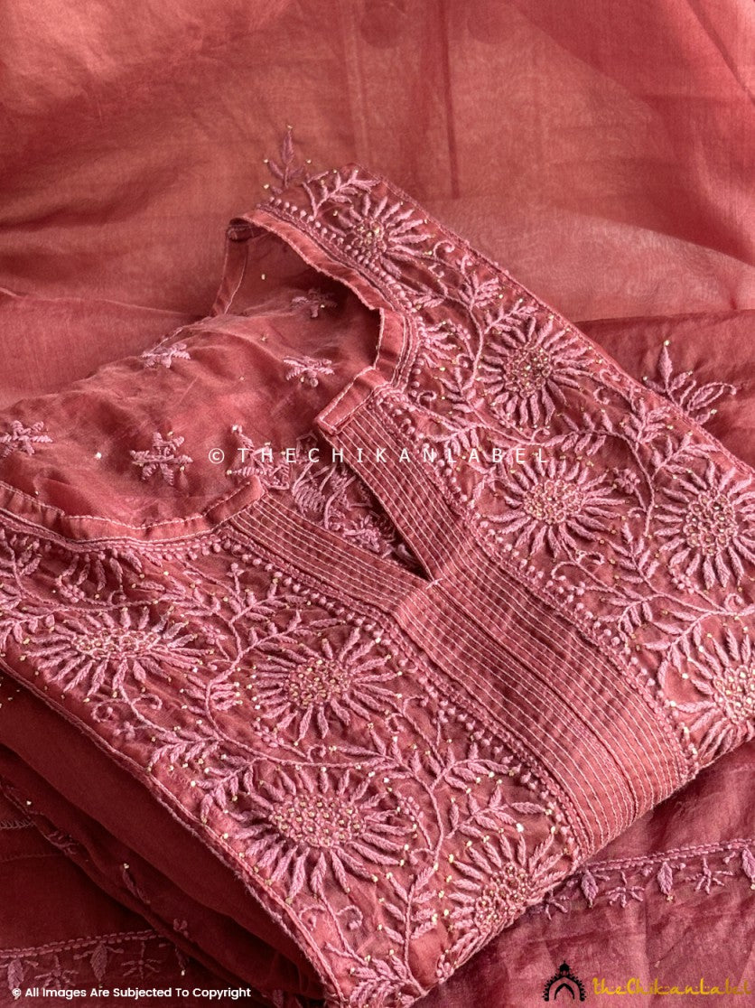 Wine Ahilya Organza Chikankari A-Line Kurta with Dupatta