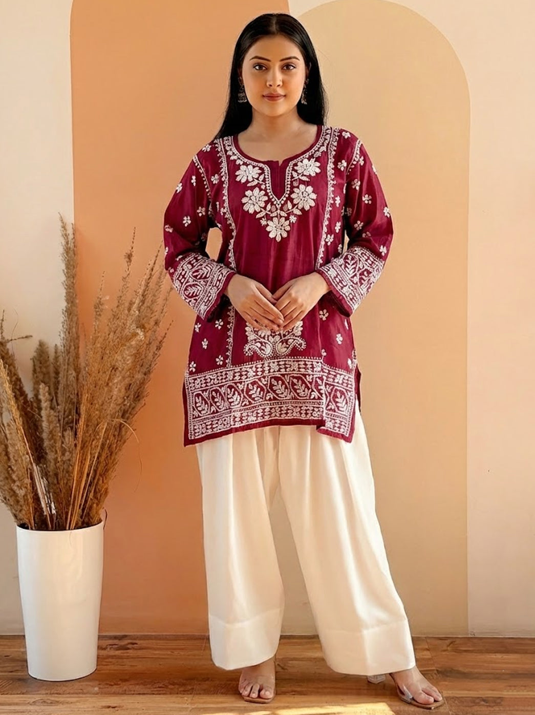 Wine Chanderi Chikankari Farshi Salwar Set