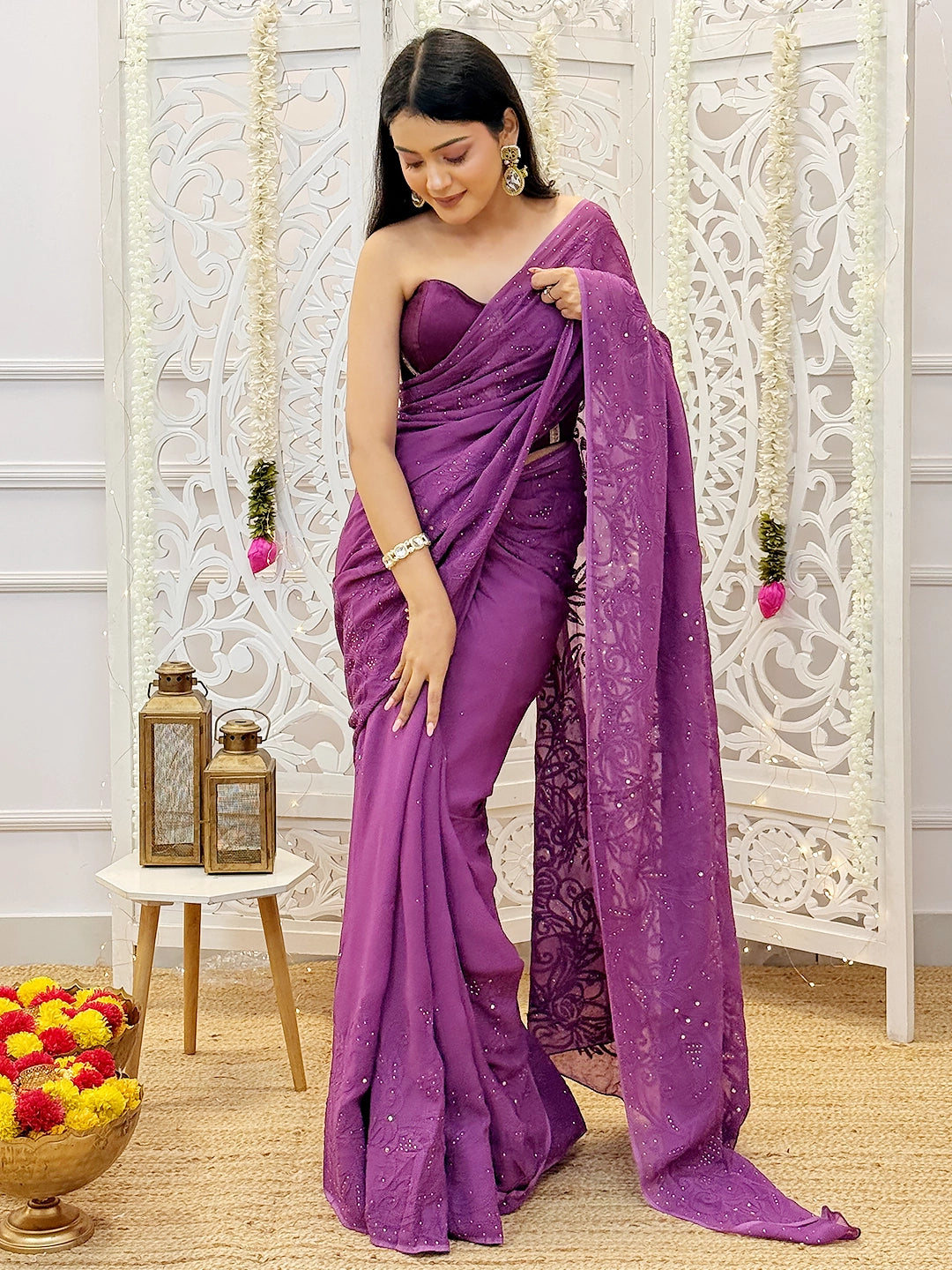 Wine Heer Viscose Chikankari Saree