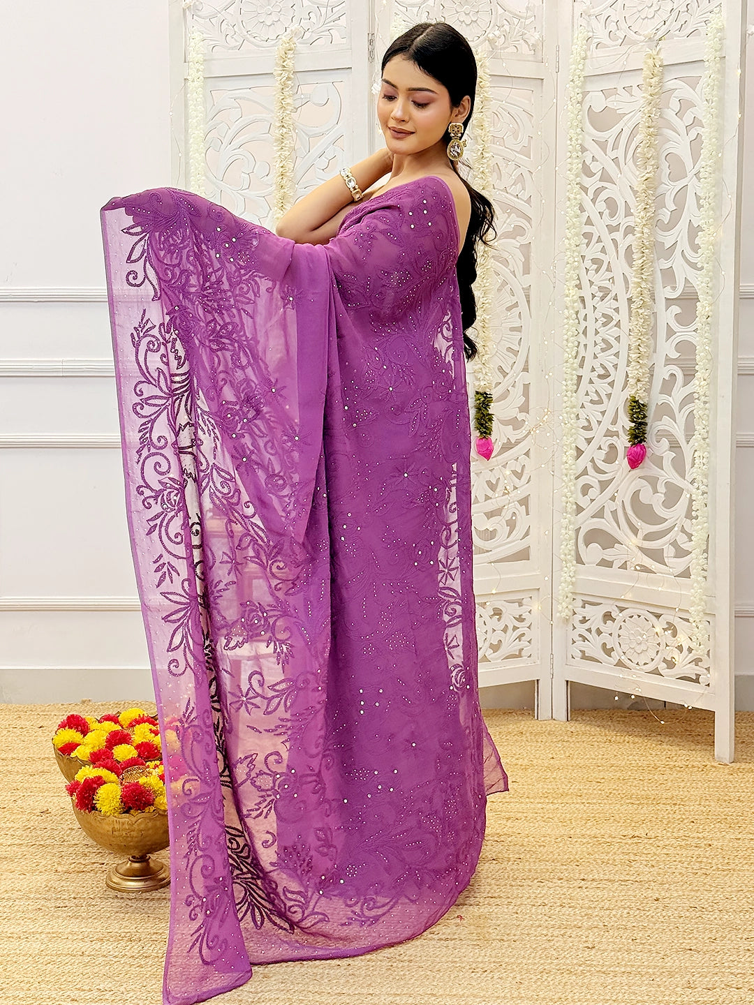 Wine Heer Viscose Chikankari Saree