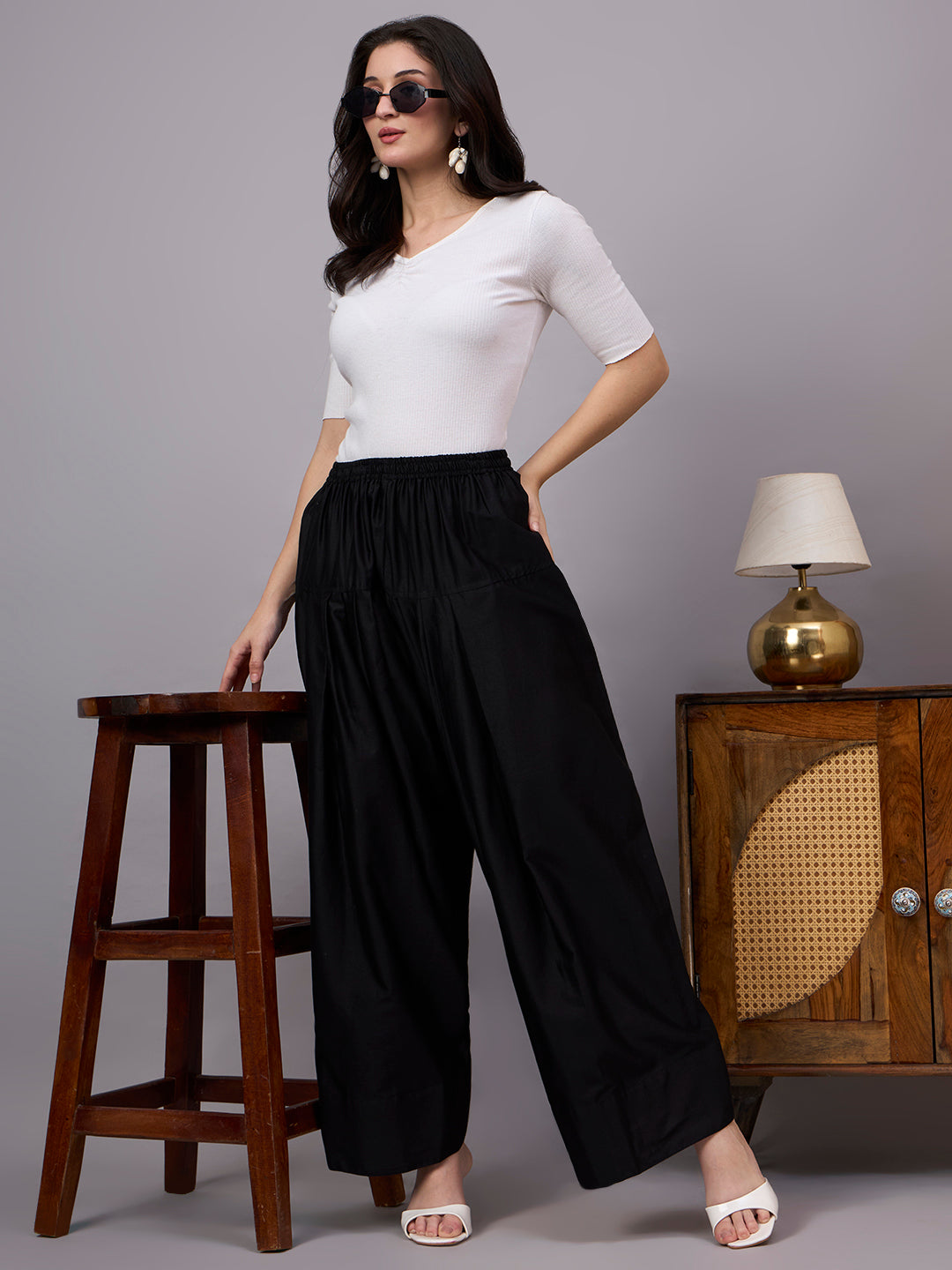 Women Solid Loose Fit Cotton Farshi Salwar - Black