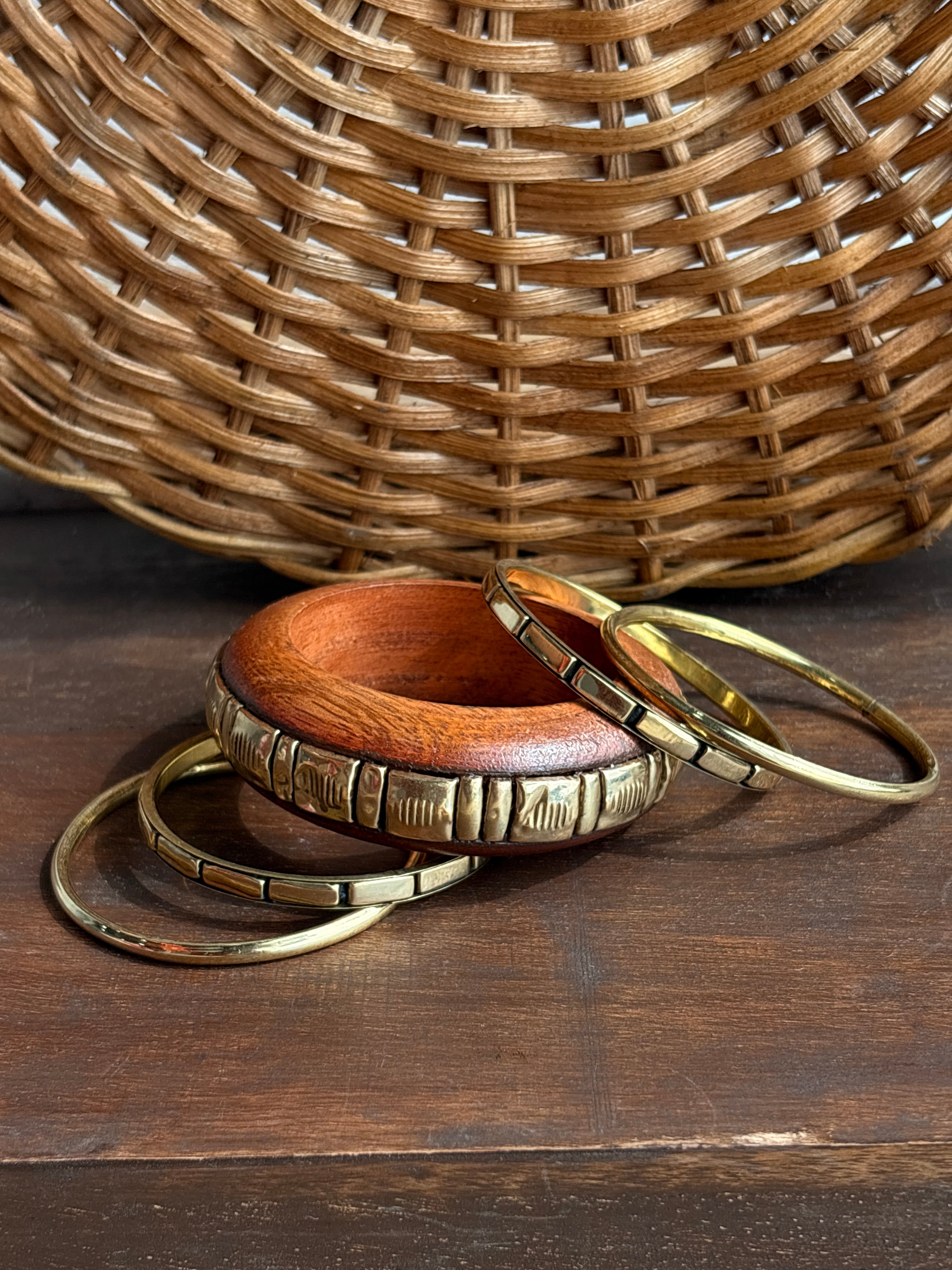 Vanika Brown Wooden & Gold-Tone Bangle Stack – Set of 5