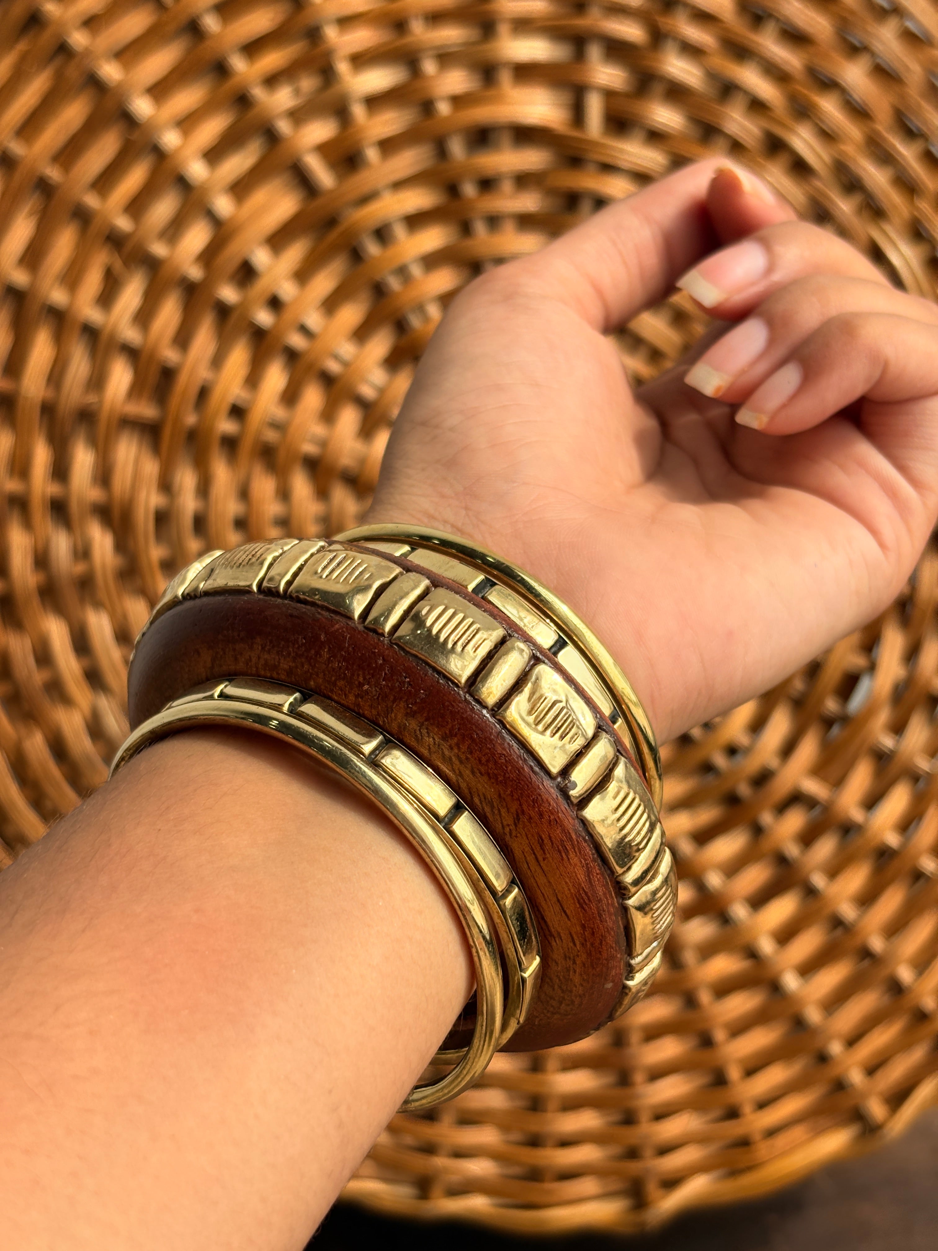 Vanika Brown Wooden & Gold-Tone Bangle Stack – Set of 5