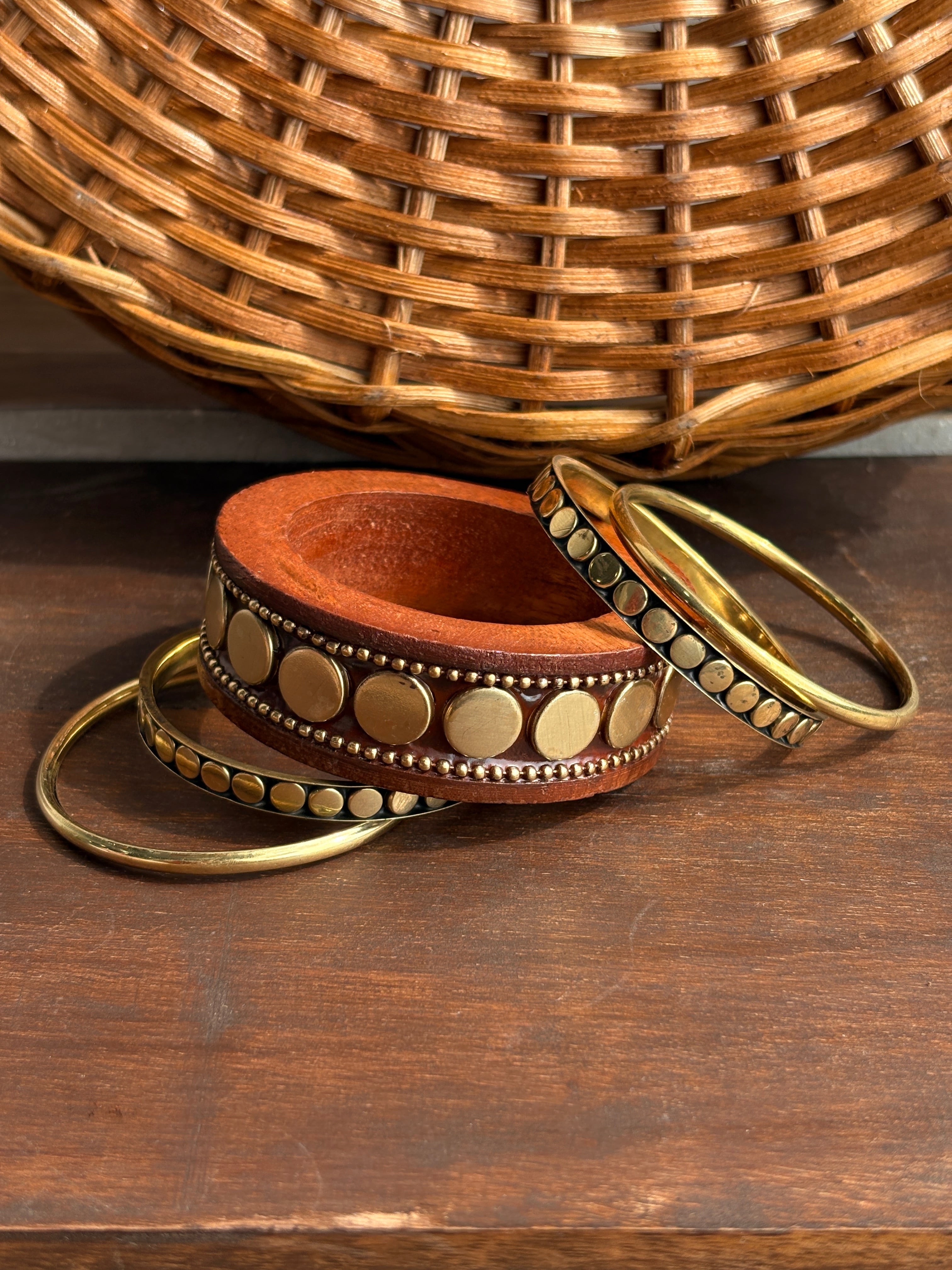 Aavya Brown Wooden & Antique Gold-Tone Studded Bangle Stack – Set of 5
