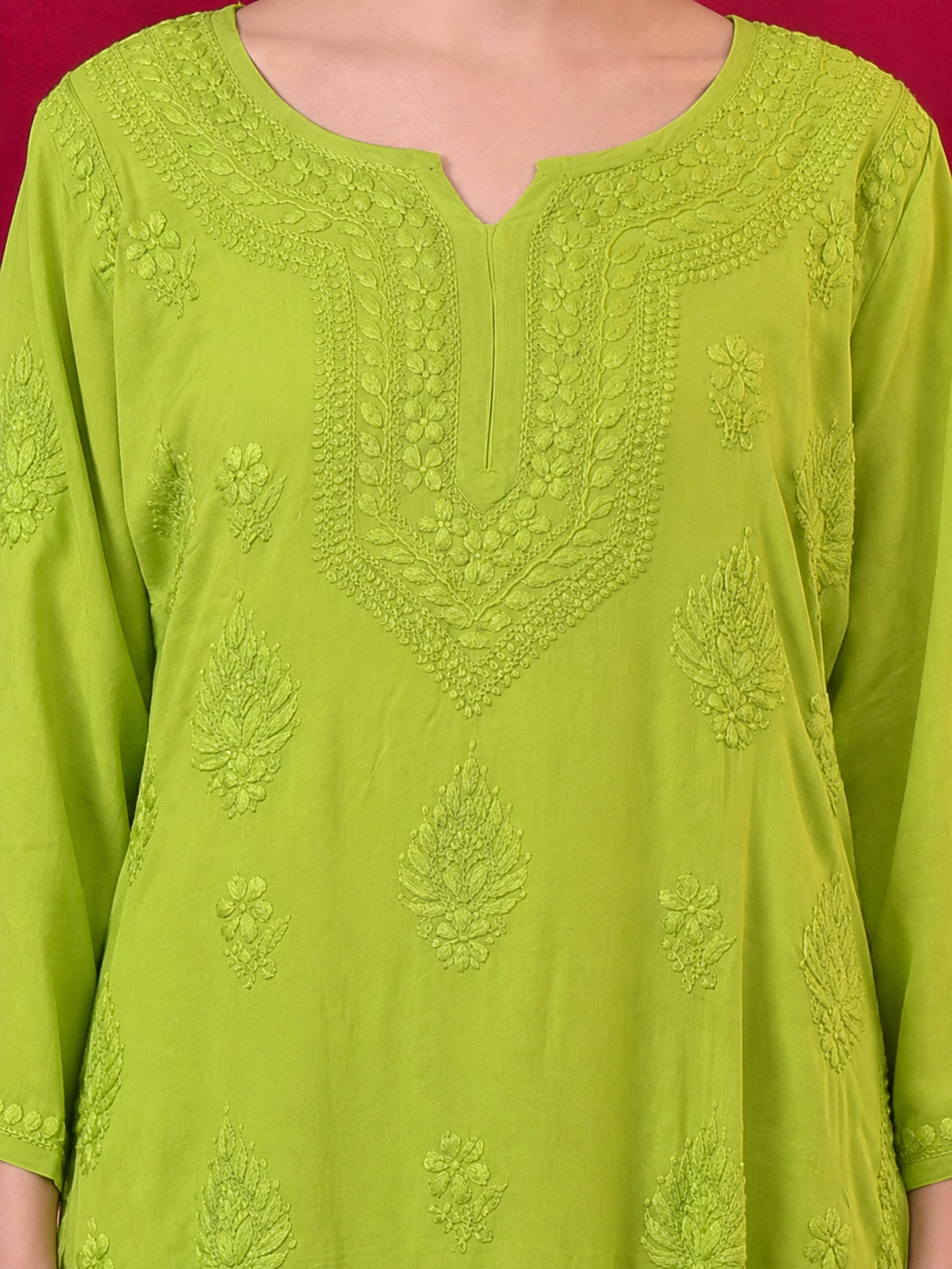 Yashvi Rayon Chikankari Short Kurta - Green