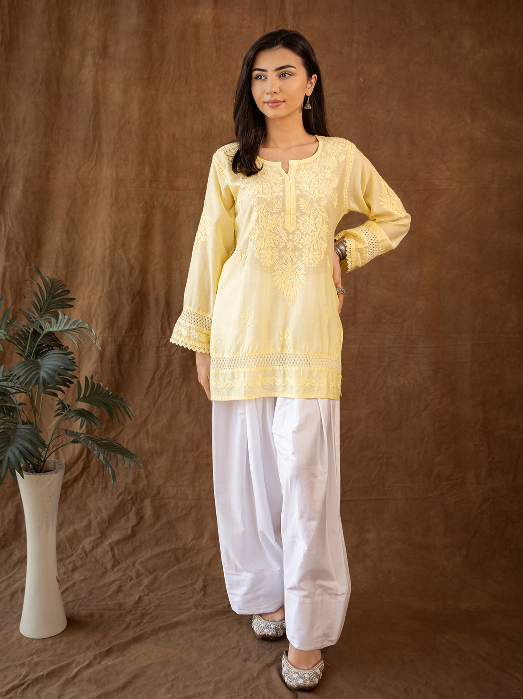 Elegant Chanderi kurti farshi salwar set highlighting authentic hand chikankari craftsmanship and a relaxed, flattering fit