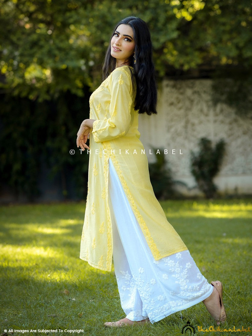 Yellow Chanderi Chikankari Straight Kurti