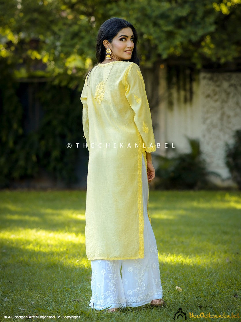 Yellow Chanderi Chikankari Straight Kurti