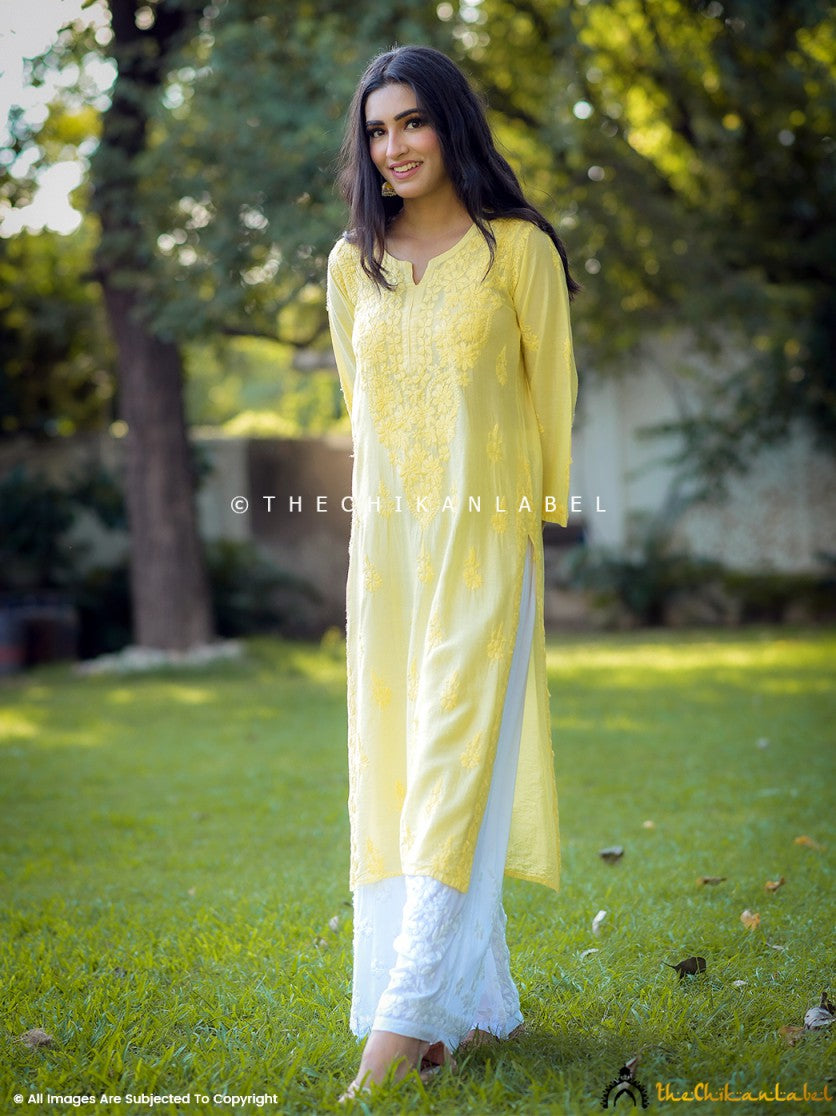 Yellow Chanderi Chikankari Straight Kurti
