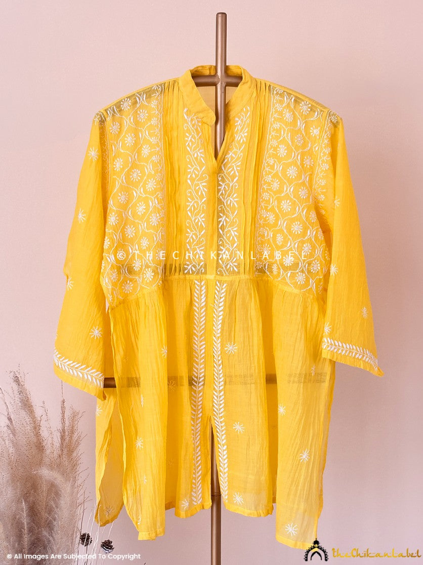 Yellow Feba Mulmul Chanderi Semi-stitched Chikankari Shirt