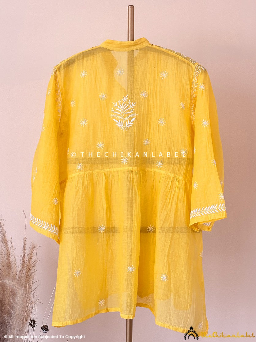Yellow Feba Mulmul Chanderi Semi-stitched Chikankari Shirt