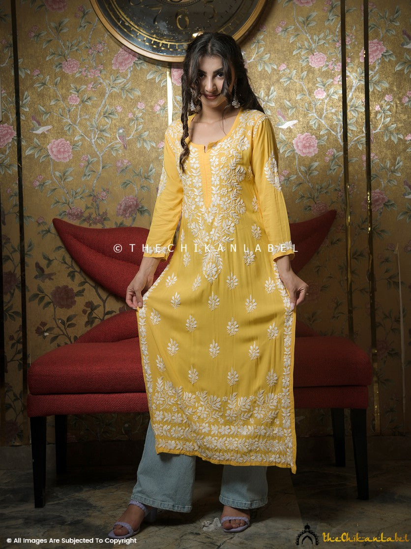 Yellow Kaasni Modal Chikankari Straight Kurti