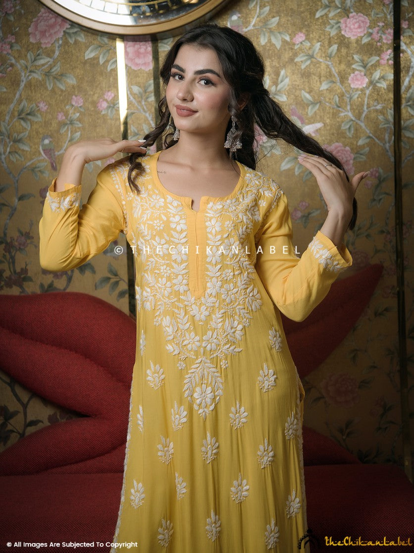 Yellow Kaasni Modal Chikankari Straight Kurti