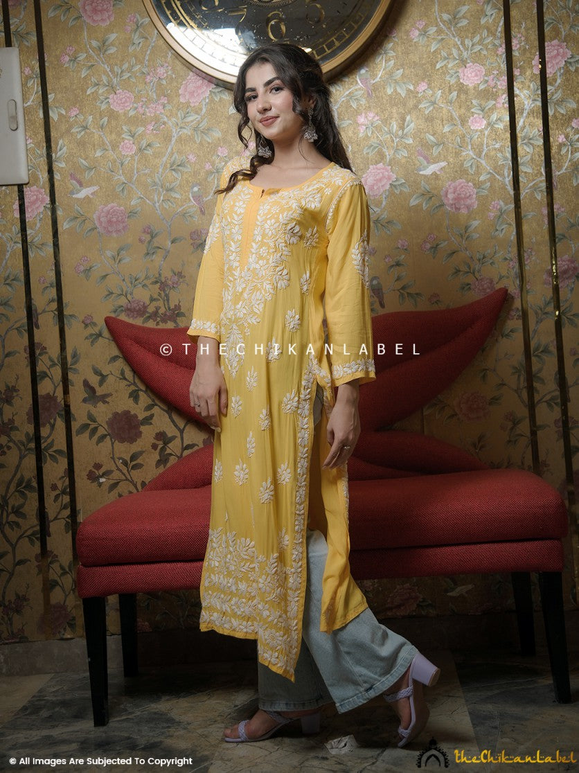Yellow Kaasni Modal Chikankari Straight Kurti