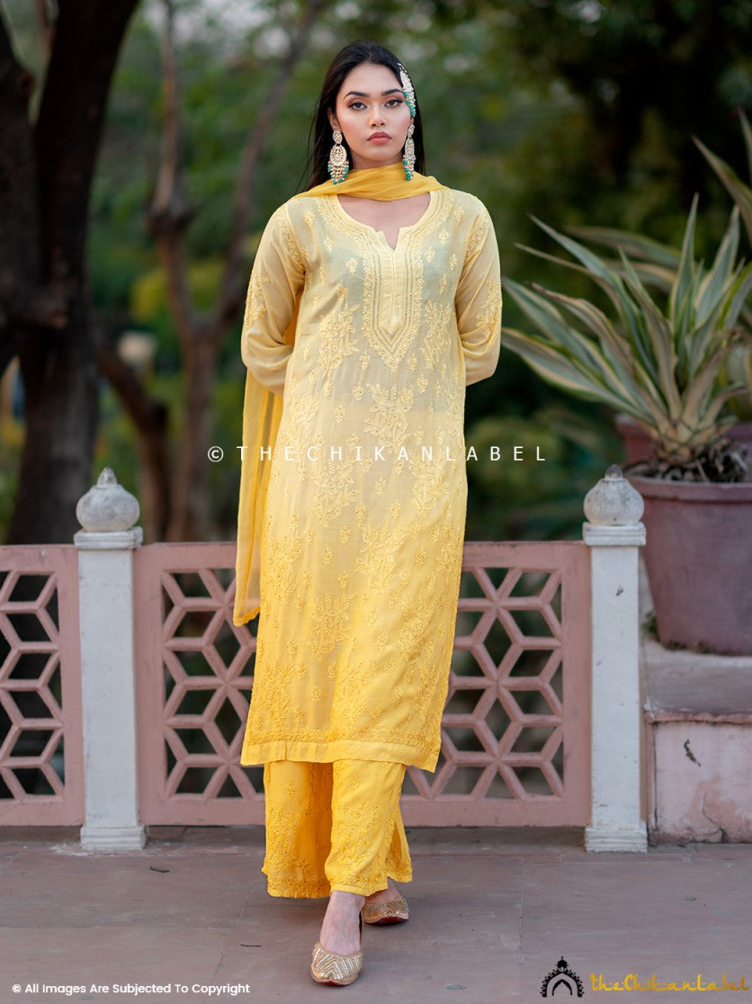 karima Muslin Chikankari Straight Kurta Set with Dupatta-Yellow