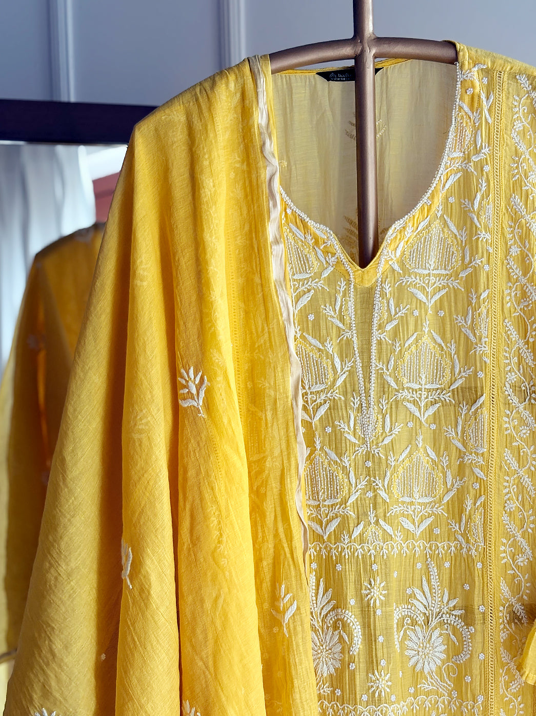 Yellow Mul Chanderi Semi-stitched Chikankari Kurti Piece with Dupatta