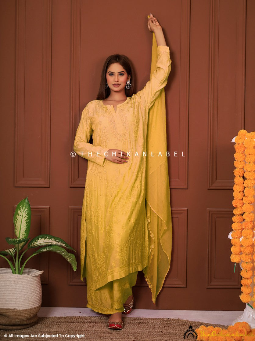 Front view of artisanal yellow kurta with matching pants and stole