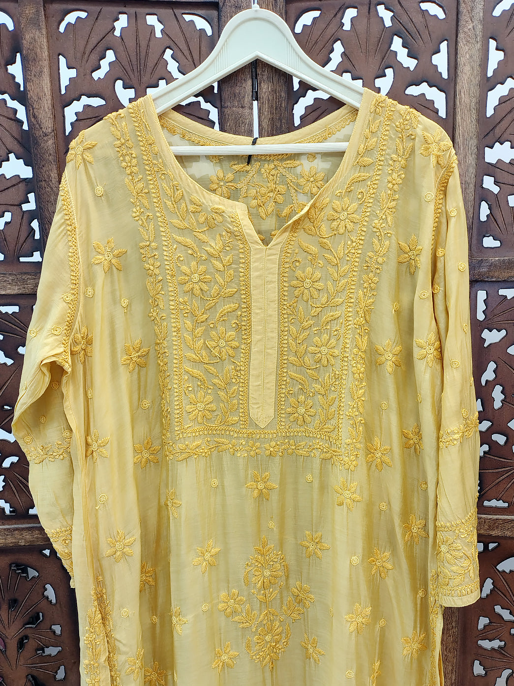 Yellow Muslin Chikankari Straight Kurti