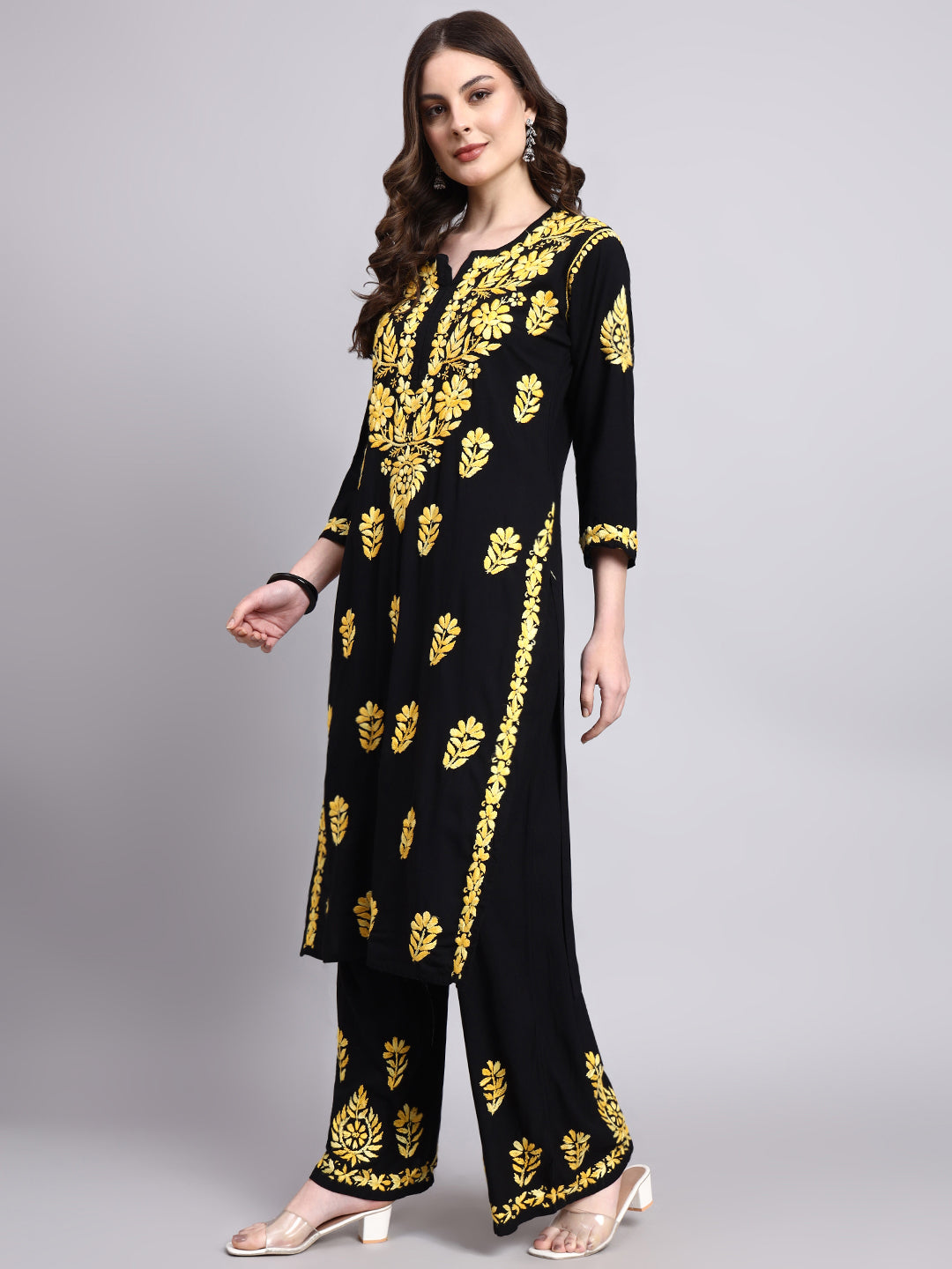 Niya Rayon Chikankari Kurti Palazzo Set - Yellow