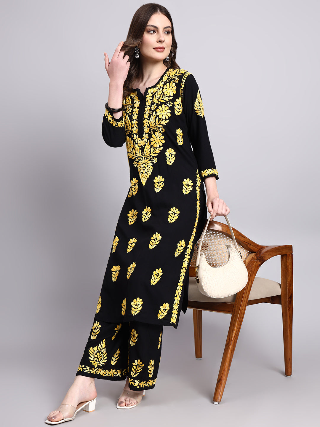 Niya Rayon Chikankari Kurti Palazzo Set - Yellow