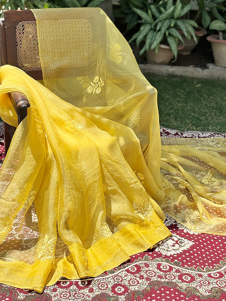 Yellow Organza Chikankari Saree