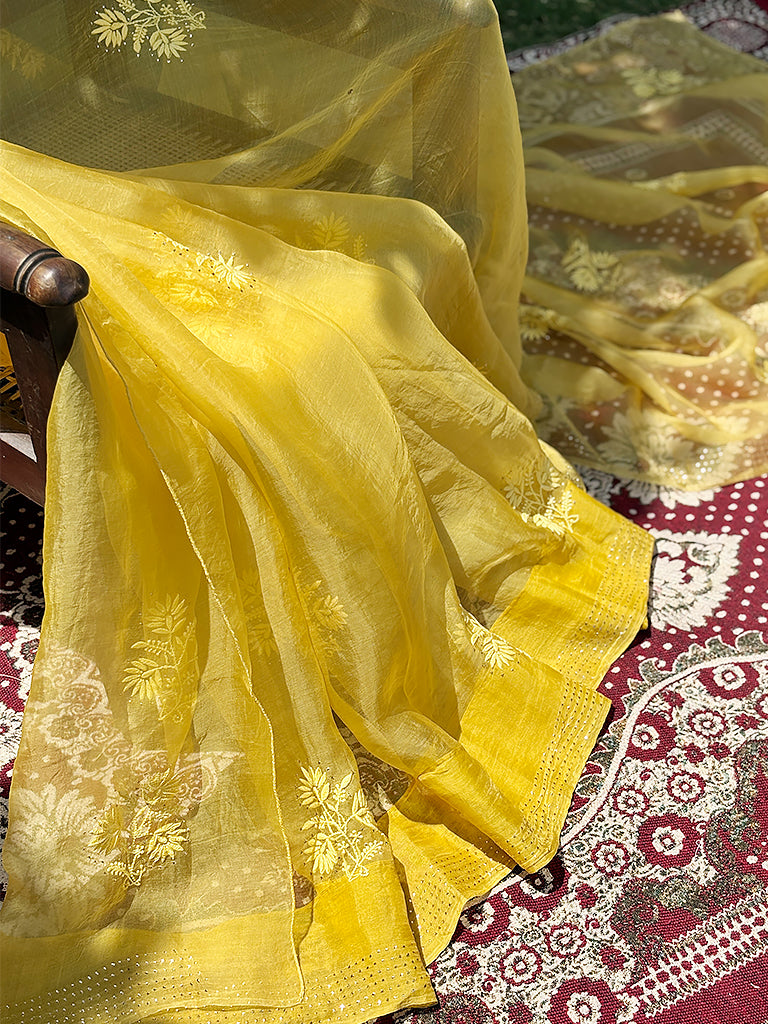 Yellow Organza Chikankari Saree