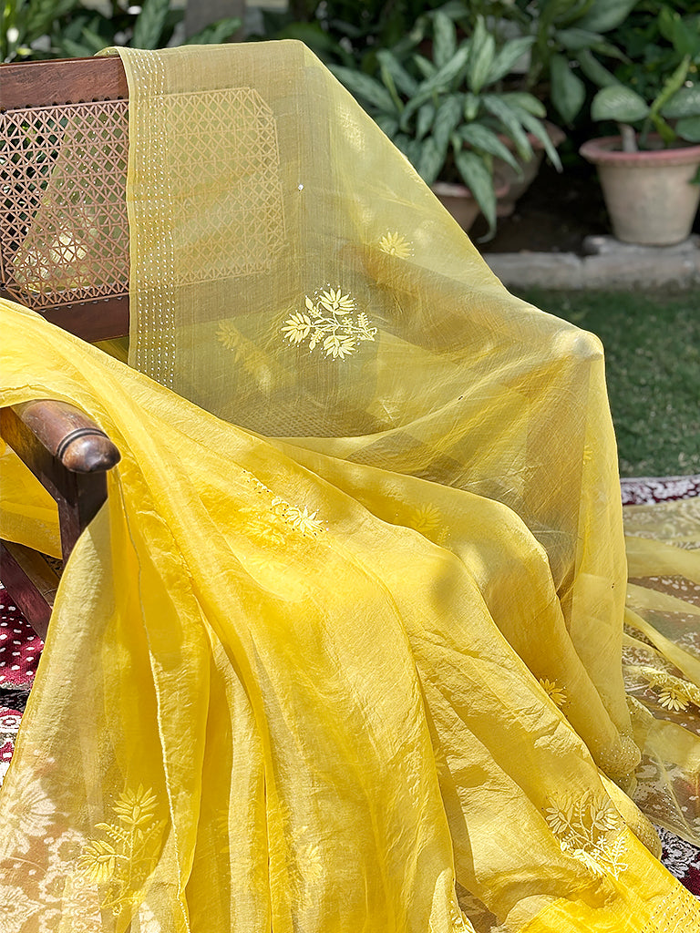 Yellow Organza Chikankari Saree