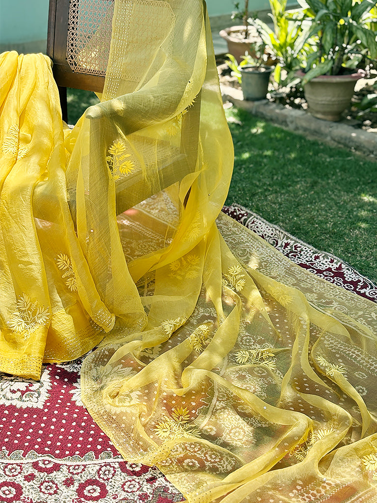 Yellow Organza Chikankari Saree
