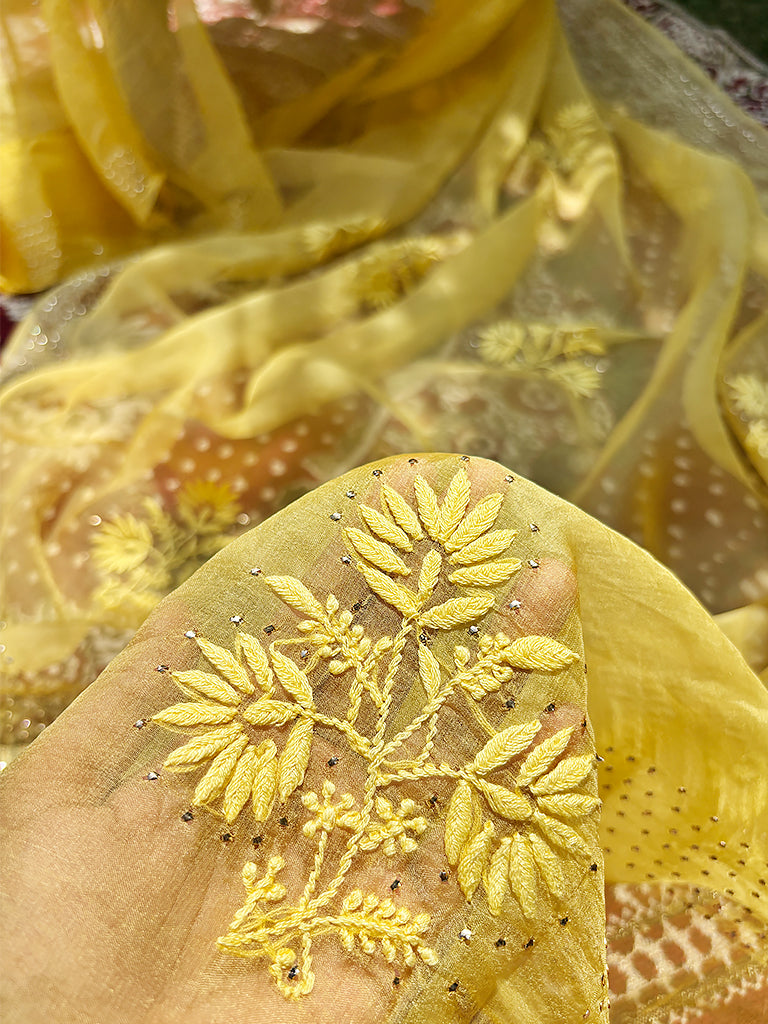 Yellow Organza Chikankari Saree